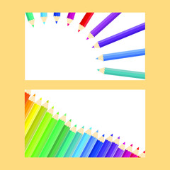 This is vector banners with colored pencils, colorful crayons isolated on a light background.
