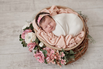 Sleeping newborn baby. Healthy and medical concept. Healthy child, concept of hospital and happy motherhood. Infant baby. Happy pregnancy and childbirth. Children's theme. Baby and childen's goods