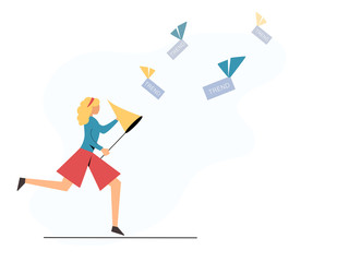 Woman with net runs and hunts trends. Vector concept of Chasing for Trends. Trendy illustration in a flat style isolated on white background.