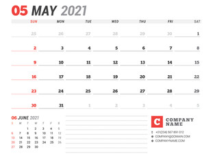 Business monthly planner for May 2021. Stationery design. Week starts on Sunday.