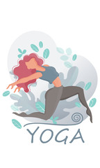 Practicing yoga. Vector illustration. Young and happy woman meditates.