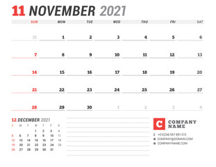 Business monthly planner for November 2021. Stationery design. Week starts on Sunday.