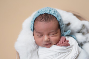 Sleeping newborn baby. Healthy and medical concept. Healthy child, concept of hospital and happy motherhood. Infant baby. Happy pregnancy and childbirth. Children's theme. Baby and childen's goods.