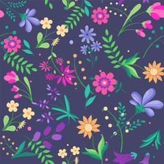 Fototapeta na wymiar Vector floral pattern in doodle style with flowers and leaves. Gentle, spring floral dark background.