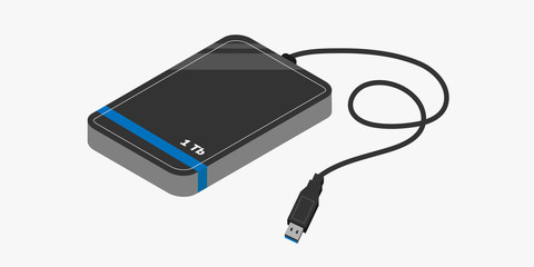 Isolated external hard drive with USB connector isometric.