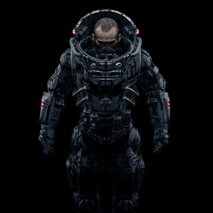 Fototapeta na wymiar Cyberpunk soldier portrait / 3D illustration of male science fiction heavily armoured military astronaut isolated on black background