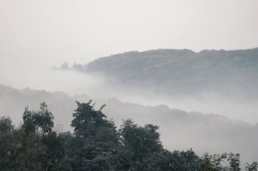Mountain landscape on a foggy morning