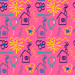 Childish seamless pattern with cute hand-drawn elements : houses, flowers, balloons, suns. Raster version