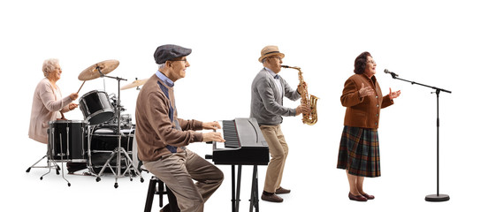 Music band of elderly keyboard player, drummer, sax player and a singer