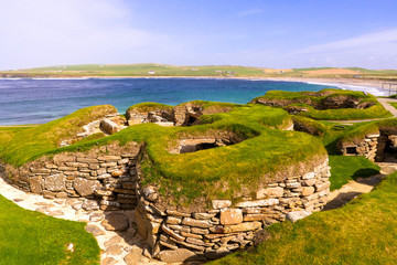 Mainland, Orkney, Scotland / United Kingdom - August 31, 2014: Skara Brae Neolithic settlement on the Bay of Skaill