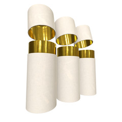 Kraft paper cardboard tube package with gold part mock up. 3d render isolated on white background.