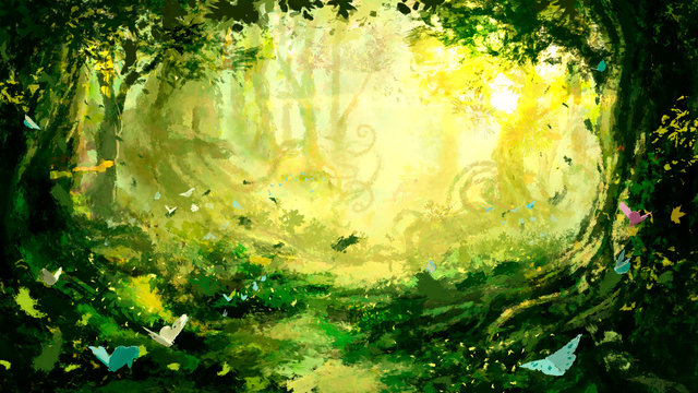A magical fictional forest with many trees curling roots and butterflies, brightly lit by the rising morning sun. 2d illustration.