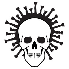 Skull of a man with a crown..Sign.
Black and white image, halo around the head, image of bacteria, flat poster.