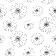Blackline hand-drawn flowers vector isolated seamless pattern