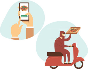  Safe food ordering in mobile app. Courier riding scooter with pizza box. Order food online.