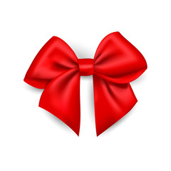 Realistic red bow made of satin ribbon, Vector isolated bow for the design of compositions, illustration. Use it as a clipart on a white or transparent background