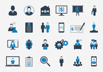 Business Management Icons with Corporate Man, Bank, Team, Data Analysis, Presentation, Contract, Online Help, Insurance Sign. Editable Vector EPS Symbol Illustration.