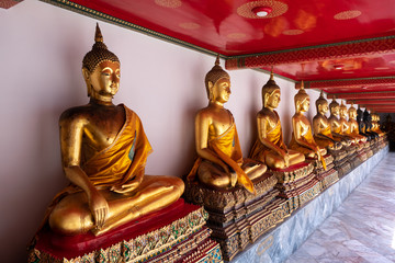 Buddha statues or sculptings in Wat Pho Temple, a lot of Buddha statues next to each other