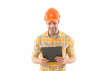 You deserve very best master. Master builder isolated on white. Happy master at work. Constructor wear protective helmet. Construction master plan. Constructing and building. Renovation and repair