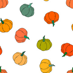 Seamless  pattern of pumpkins on a white background. Hand drawn vector illustration. 