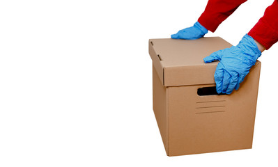 Delivery man holding cardboard boxe. Fast and free delivery transport