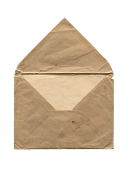 Front View Of Old Open Aged Paper Envelope Isolated On White