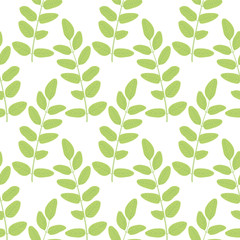 Light green hand-drawn leaves vector seamless pattern. Isolated on white.