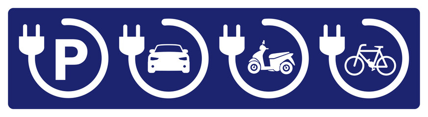 Electric charging point icons isolated on blue background