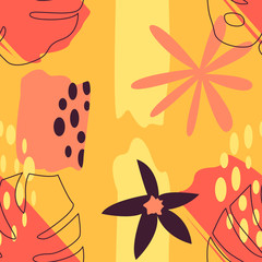 Abstract creative seamless patterns with tropical plants, flower and artistic background. Modern exotic design for paper, cover, fabric, interior decor and other users.