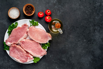 raw pork steaks with spices on a white plate on a concrete background