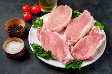 raw pork steaks with spices on a white plate on a concrete background