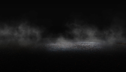 Dramatic background of night street, spotlight on asphalt, smoke