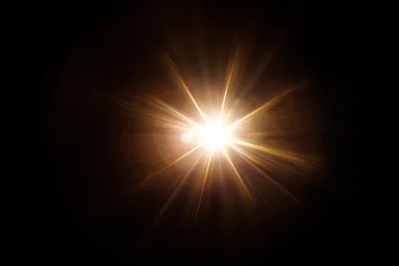 Fotobehang Easy to add lens flare effects for overlay designs or screen blending mode to make high-quality images. Abstract sun burst, digital flare, iridescent glare over black background. © KDdesignphoto