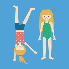 Sporty girls characters cartwheel and swimming illustrations. Flat coloured vector illustration