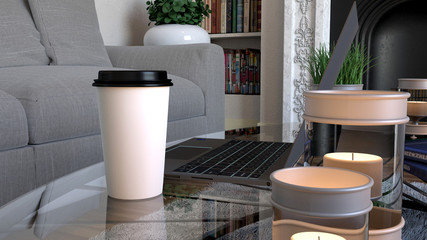 Indoor Home Environment Home Office Laptop Candles - 3d Rendering