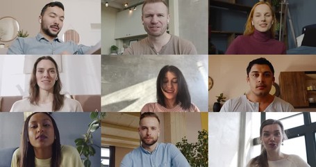 Diverse group of colleagues working from home having a video conference call together. Nine people. Stay home, quarantine life, coronavirus COVID-19 pandemic - Powered by Adobe