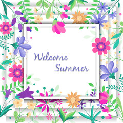 Hello Spring or Summer Flowers Text white Background