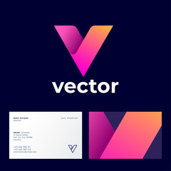 Vector logo. V abstract monogram consist of multicolor ribbons. Identity. Business card.