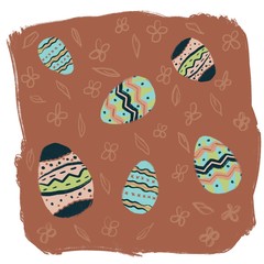 Easter eggs  in blue, pink, green, dark blue colors with little flowers on brownish background. Hand drawn illustration made in procreate for Easter holiday.