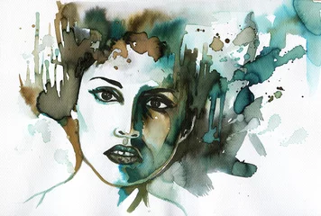 Photo sur Plexiglas Inspiration picturale Illustration représentant un portrait à l& 39 aquarelle d& 39 une femme regardant.