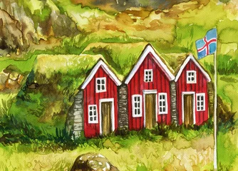 Photo sur Plexiglas Inspiration picturale peinture à l& 39 aquarelle montrant la construction traditionnelle islandaise