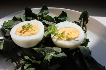 Spring salad with fresh dandelion greens and hard-boiled eggs in white plate on white wooden...