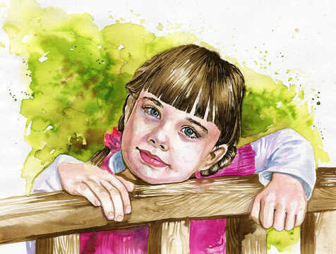 Illustration depicting a watercolor portrait of a staring gearl.