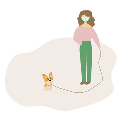 A young girl in a medical mask or a character walking a dog in quarantine. Vector illustration on a white isolated background