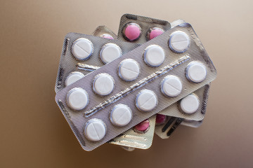 Blisters with pills. Medical drugs. Packing with pills.
