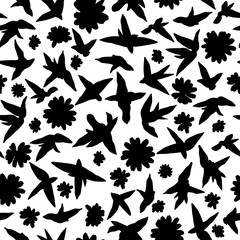 Black silhouette flowers isolated vector seamless  pattern
