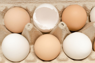 eggs and shells in cardboard package on a light background