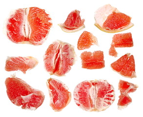 Grapefruit slices set and collection isolated on white background with clipping path