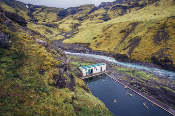Aerial view on abandoned Seljvavellir pool, one of the most famous unofficial tourist attractions in Iceland