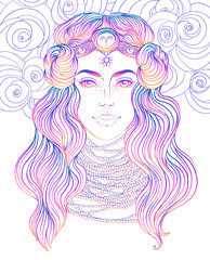 Illustration of Aries astrological sign as a beautiful girl. Zodiac vector gradient drawing isolated over white. Future telling, horoscope, alchemy, spirituality. Coloring book for adults.